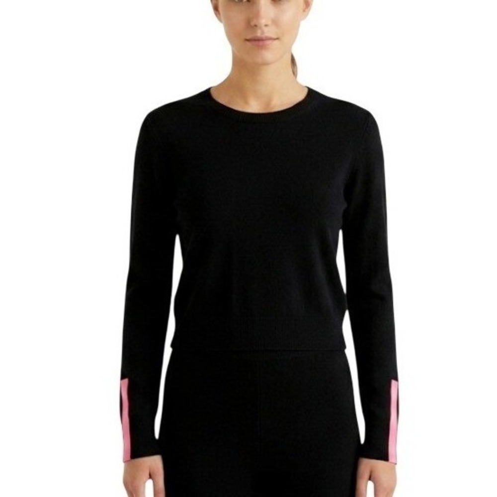 Zara Knit Sweater Womens Small Black Pink Stripe Crew Neck Long Sleeve Casual